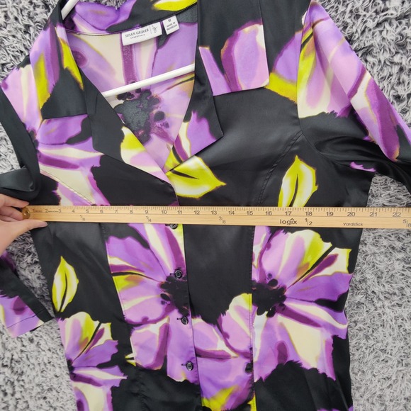 Susan Graver Women Floral Art to Wear Button Down Top M Black Purple 3/4 Sleeve - Picture 2 of 16